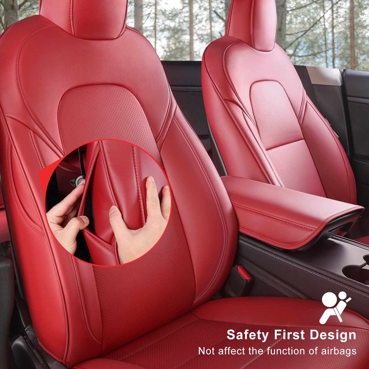Wekar Tesla Model Y Car Seat Covers Nappa Leather Car Interior Seat Airbag Compatible Cushion Cover Full Set Custom Fit 2023 2022 2021 2020, Nappa Red