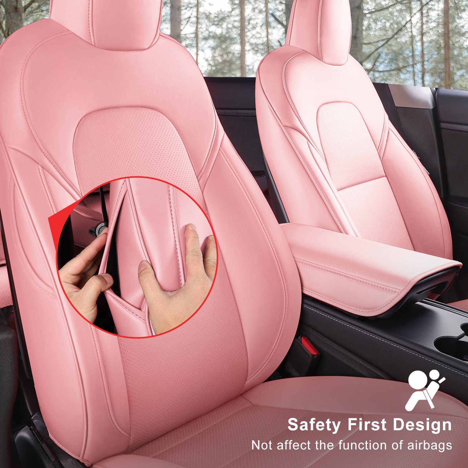 Wekar Tesla Model Y Car Seat Covers Nappa Leather Car Interior Seat Airbag Compatible Cushion Cover Full Set Custom Fit 2023 2022 2021 2020, Nappa Pink