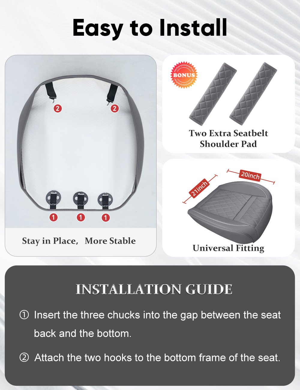 Front Bottom Seat Cover with Seatbelt Shoulder Pad Leather Car Seat Cushion Cover, Nonslip Auto Seat Covers for Most Cars, SUVs, and Pickup - 1 Pair, Gray