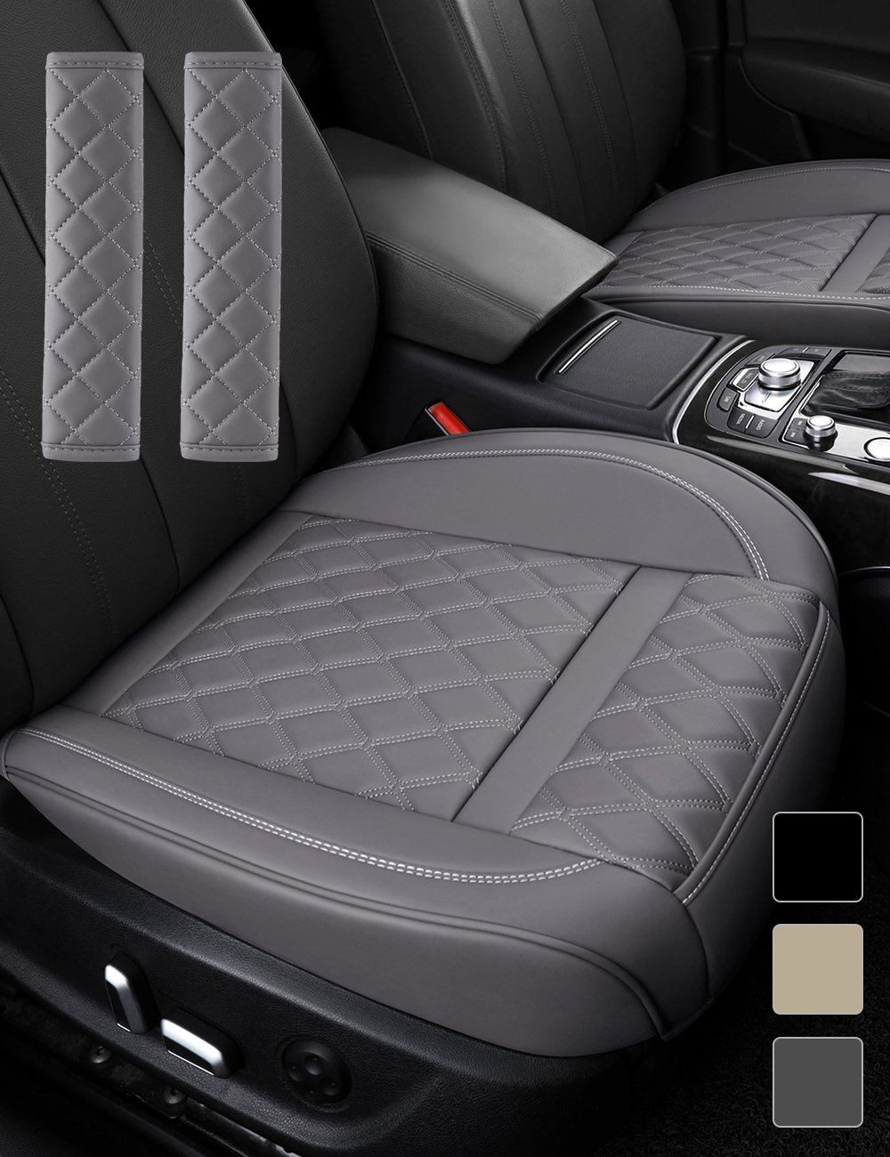 Front Bottom Seat Cover with Seatbelt Shoulder Pad Leather Car Seat Cushion Cover, Nonslip Auto Seat Covers for Most Cars, SUVs, and Pickup - 1 Pair, Gray