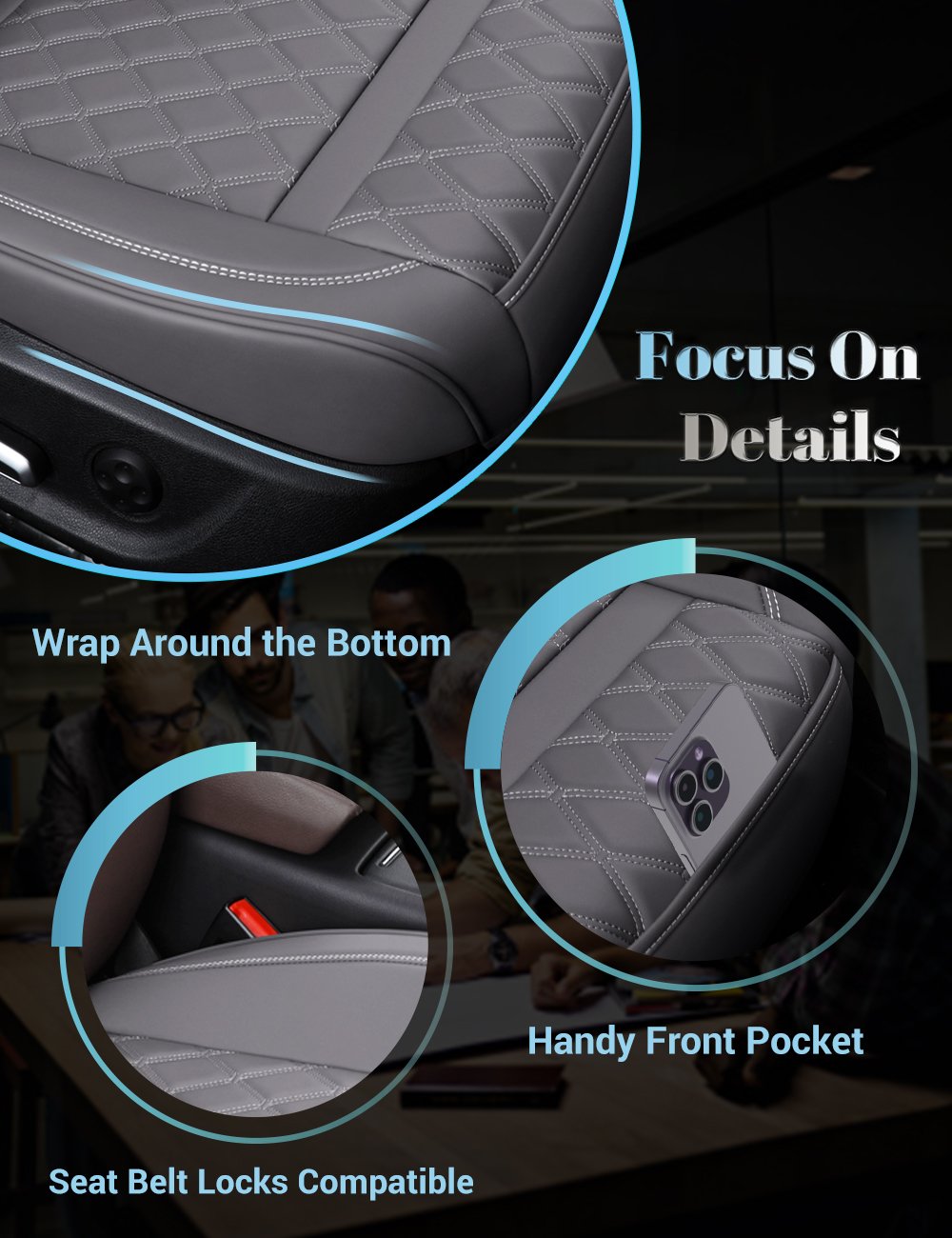 Front Bottom Seat Cover with Seatbelt Shoulder Pad Leather Car Seat Cushion Cover, Nonslip Auto Seat Covers for Most Cars, SUVs, and Pickup - 1 Pair, Gray