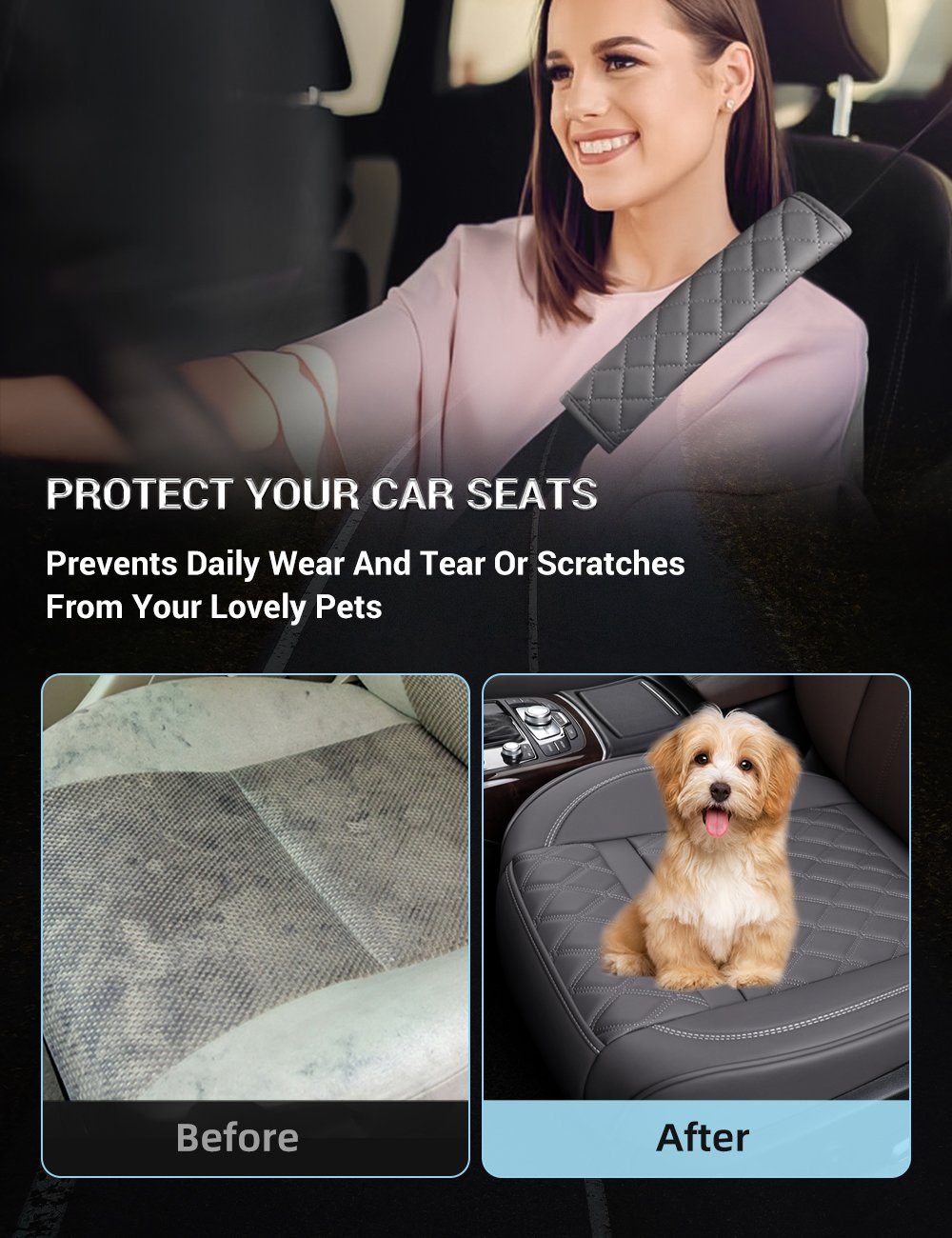 Front Bottom Seat Cover with Seatbelt Shoulder Pad Leather Car Seat Cushion Cover, Nonslip Auto Seat Covers for Most Cars, SUVs, and Pickup - 1 Pair, Gray