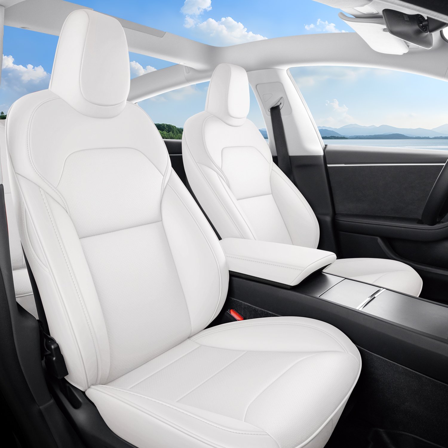 2024 Tesla Model 3 Highland Upgraded Car Seat Covers Nappa Leather Car Interior Seat Airbag Compatible Cushion Cover Full Set Custom Fit 2024 Model 3, Nappa White