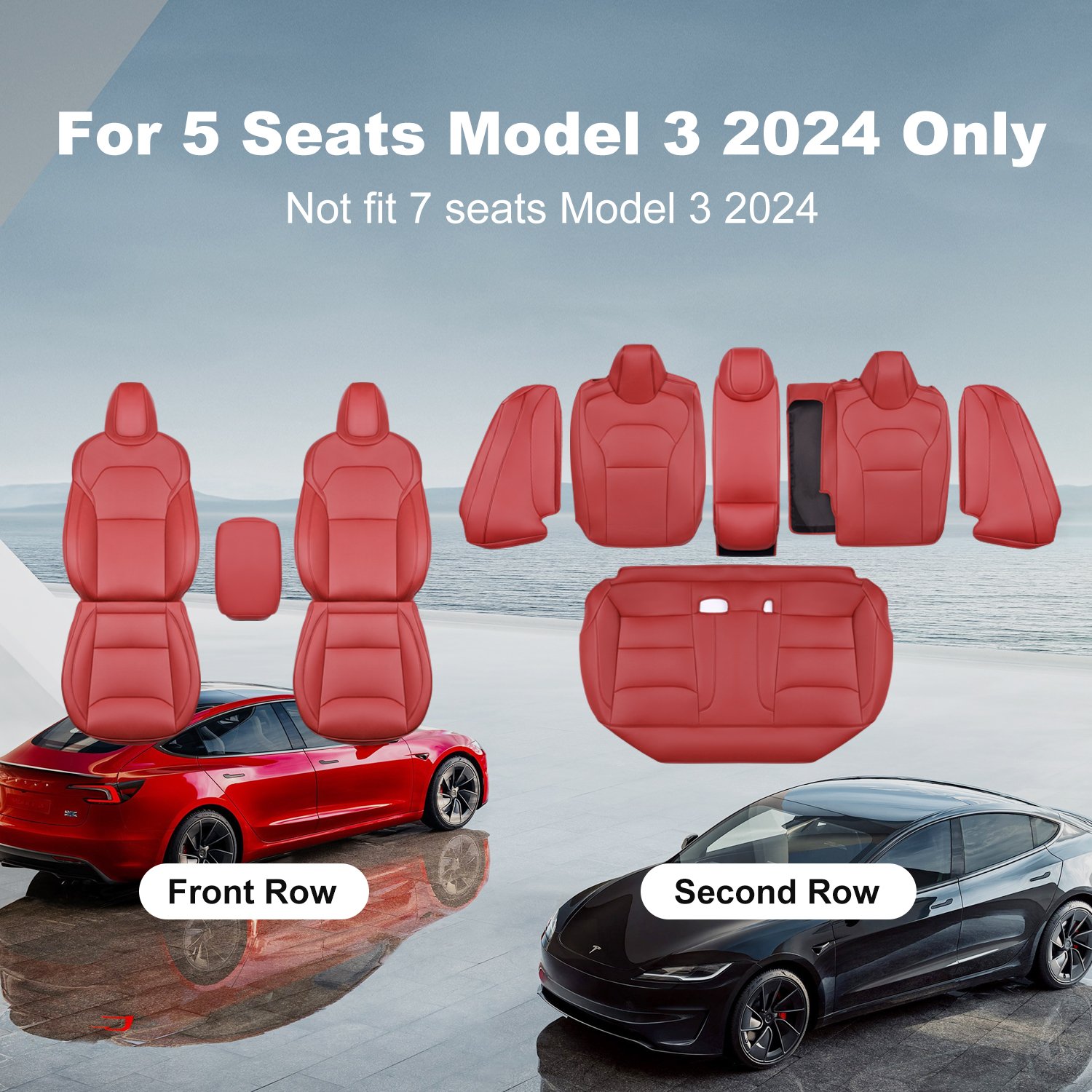 2024 Tesla Model 3 Highland Upgraded Car Seat Covers Nappa Leather Car Interior Seat Airbag Compatible Cushion Cover Full Set Custom Fit 2024 Model 3, Nappa Wine Red