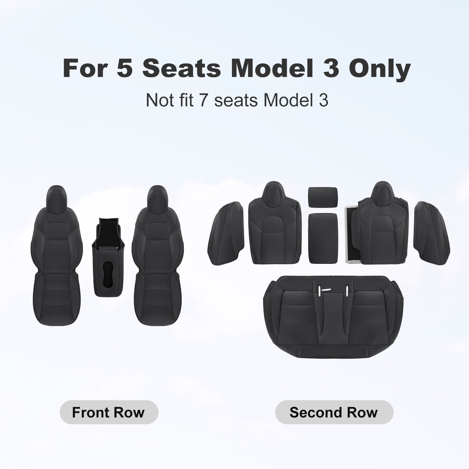 Tesla Model 3 Car Seat Covers Nappa Leather Car Interior Seat Airbag Compatible Cushion Cover Full Set Custom Fit 2023 2022 2021 2020 2019 2018, Nappa Black